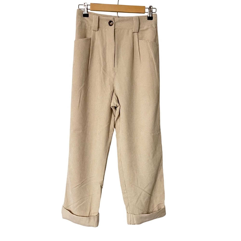Petal + Pup Cream Corduroy High Waisted Pleated Straight Leg Cuffed Pants US 4